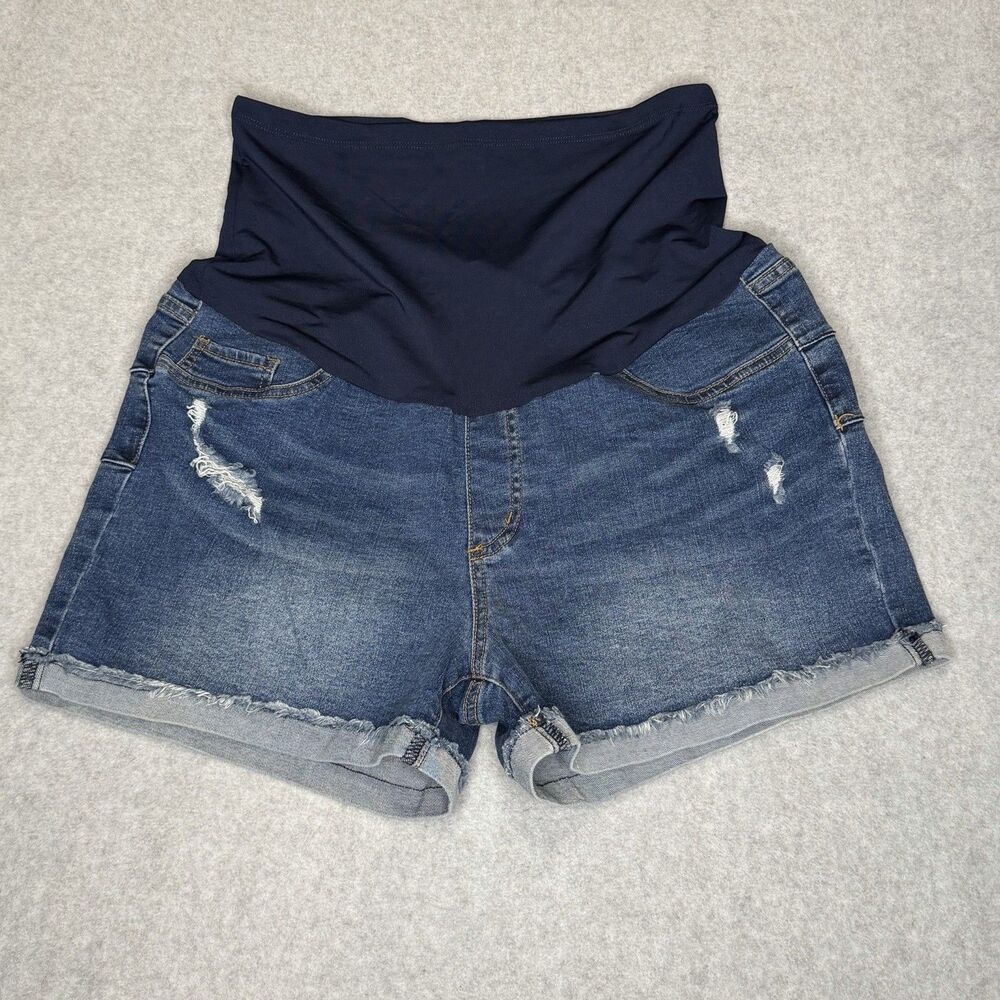 S.O.N.G. Maternity Size XL Full Belly Band Cuffed Hem Distressed Jean Shorts